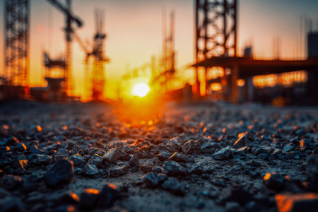 Dawn illuminates a rugged construction zone, where skeletal steel structures and towering cranes stand contrasted against a fiery orange sky, signaling new beginningの写真素材