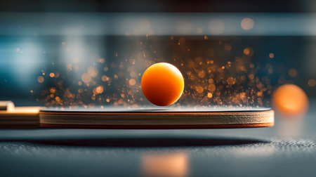 An energetic shot capturing a vibrant orange ball mid-air, surrounded by lively motion trails, with a swift paddle below and a blurred sports backdrop.の写真素材