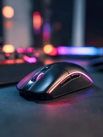 A modern gaming mouse with glossy black finish and radiant purple and pink led accents, set against a dark surface with vivid, out-of-focus neon hues enhancing a higの写真素材