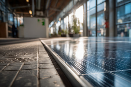 A sleek indoor space features glossy, mirror-like solar panels on the floor, illuminated by abundant natural light through expansive glass walls, highlighting innovaの写真素材