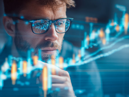 A focused professional studies illuminated financial visuals displayed on a sleek glass monitor, immersed in data analysis within a contemporary workspace.の写真素材