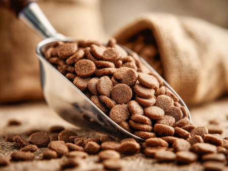 A shiny metal scoop brimming with cocoa-colored dry pet treats spills onto a textured wooden...