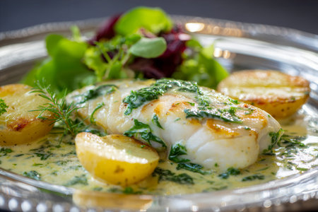 A perfectly golden, delicate fish fillet paired with a smooth spinach cream, complemented by crispy...