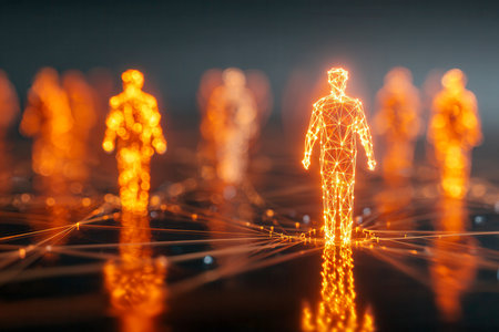 Luminescent human silhouettes composed of intricate flowing lines cluster within a vast digital web, embodying interconnectedness and technological unity.の写真素材