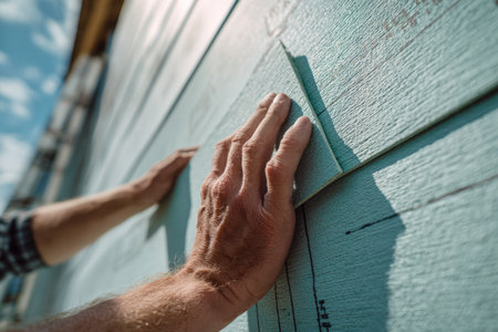 A craftsman diligently attaches decorative wall panels outdoors, basking under a clear sky and bright sunlight, showcasing precision during a building upgrade.の写真素材