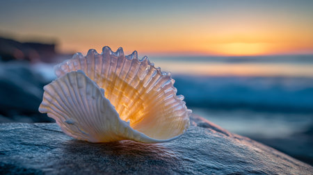 A glowing seashell rests gently on a polished shoreline stone as a tranquil ocean sunset paints...