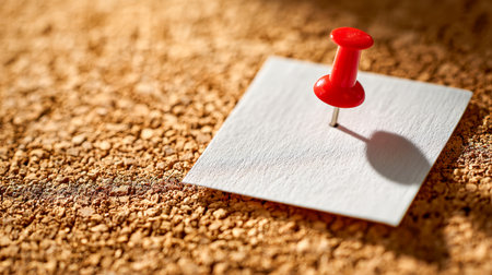 A bold red pin anchors a pristine white note on a tactile cork surface, illuminated by gentle sunlight that casts subtle shadows, evoking a calm, organized workspaceの写真素材