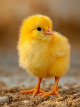A tiny, downy chick with golden feathers perches on rugged terrain, bathed in gentle, amber light...