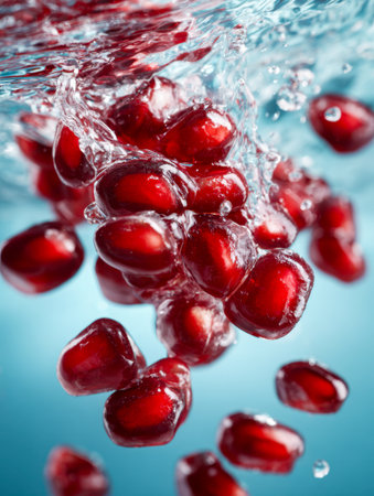 Vibrant red seeds burst into pristine water, creating energetic splashes, lively bubbles, and glistening droplets set against a bright blue backdrop, symbolizing freの写真素材