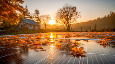 A peaceful rural scene where vibrant fall foliage rests on solar arrays, bathing a charming...