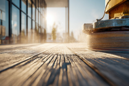 Sunlit scene of a high-powered polishing device reviving an aged wooden surface, with shimmering...
