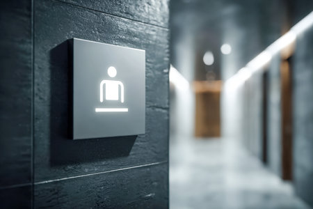 A stylish, glowing men's symbol contrasts against a rough, moody wall, illuminating a minimalist corridor with gentle lighting and deep background blur.の写真素材