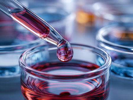 A precise hand holds a pipette, carefully transferring vibrant crimson fluid into a clear dish, with an array of scientific glassware softly out of focus behind.の写真素材