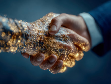 A professional human hand meets a sleek, glowing ai digit to symbolize seamless integration and forward-thinking alliances in cutting-edge tech development.の写真素材