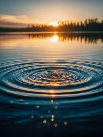 Serene evening scene with gentle water waves radiating outward, mirroring a pastel sky and silhouette of forested hills under a calming twilight glow.の写真素材