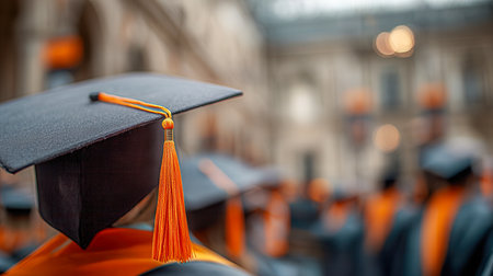 A close-up captures a proud graduate in a black cap with an orange tassel, set against a lively outdoor graduation event with peers celebrating in the distance.の写真素材