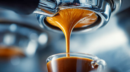 Warm, velvety espresso cascades seamlessly from a barista?s tool into a pristine glass, capturing elegance and craftsmanship in every rich sip.の写真素材