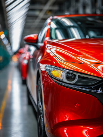 Sleek red vehicles showcase impressive headlamp craftsmanship amid a luminous factory setting, with...