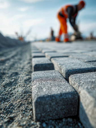 An outdoor construction worker, clad in protective attire, carefully places textured stone tiles onto a gravel foundation, highlighting craftsmanship and detail.の写真素材