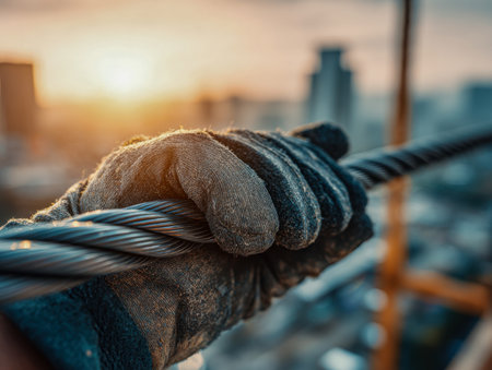 A resilient laborer secures a sturdy steel wire, highlighted by warm sunset hues, as a modern cityscape blurs behind, emphasizing safety and dedication amid urban grの写真素材