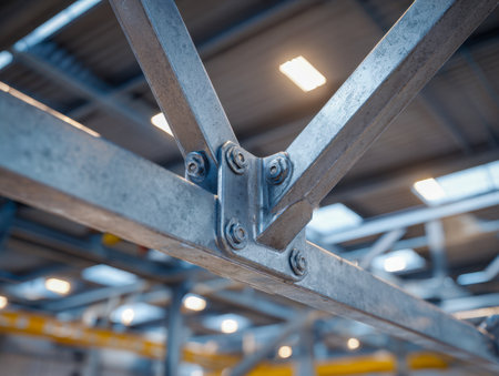 A detailed view of sturdy steel connections and crossbeams overhead, highlighted by intense lighting that reveals industrial construction precision.の写真素材