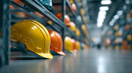 Multicolored protective headgear organized on sleek metal shelving within a large, well-lit...