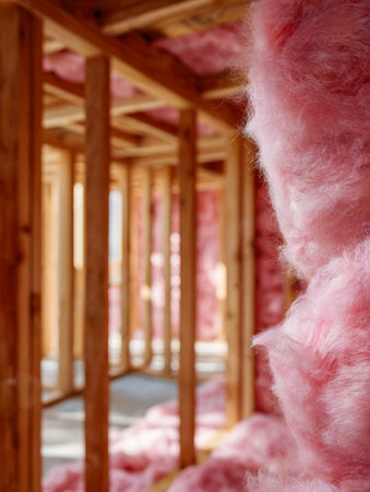 Bright pink batt insulation is carefully pushed between wooden studs, promising improved home comfort and energy savings during the building process.の写真素材