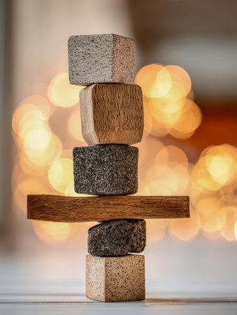 A tranquil scene featuring rough-hewn wood and stone segments, artfully arranged against a backdrop of soft, amber bokeh, evoking serenity and balanced harmony.の写真素材