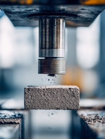 A precise testing apparatus exerts force on a rugged concrete specimen, assessing its resilience and integrity within a sterile, organized lab setting.の写真素材