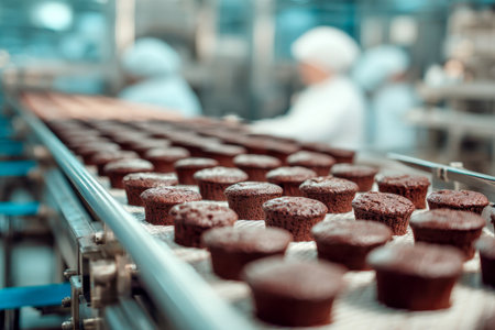 Rows of rich chocolate cupcakes glide smoothly on a production line, with workers in protective gear monitoring the process in a bustling factory setting.の写真素材