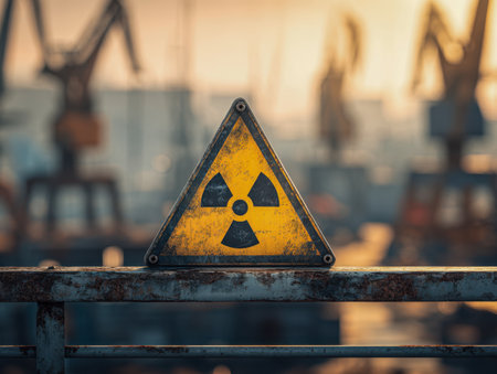 A weathered yellow warning triangle with a hazard symbol, affixed to a sturdy metal fence, against a backdrop of out-of-focus construction equipment at dusk.の写真素材
