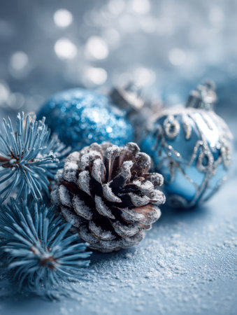 A festive arrangement showcasing a frosted pine cone nestled among blue fir branches and sparkling ornaments with glitter details, all resting on a gentle snow-coverの写真素材