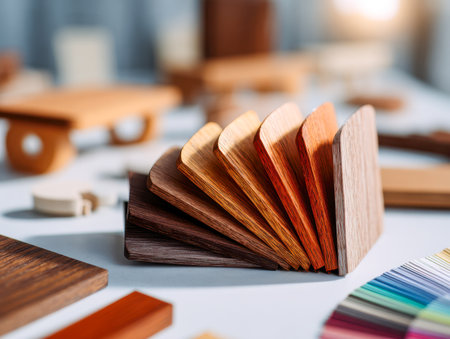 An array of wooden laminate swatches displaying diverse earthy shades, arranged neatly on a luminous desk, perfect for inspiring interior decor projects.の写真素材