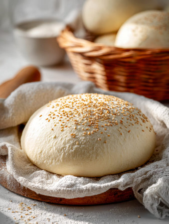 Warm, soft bread rounds sit peacefully on a rustic wooden surface, surrounded by extra dough balls...
