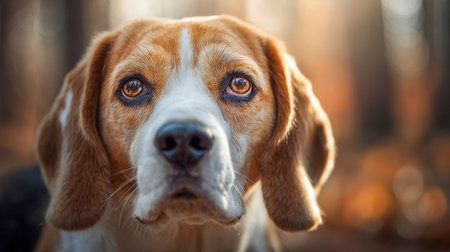 A gentle beagle gazes with deep amber eyes amid vibrant autumn hues, his attentive expression enhanced by soft bokeh lighting in the forest backdrop.の写真素材