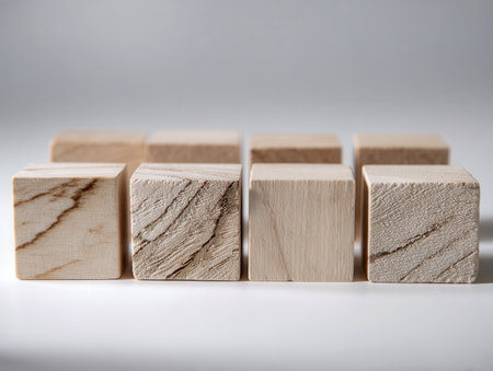 Eight artisanal wood pieces with distinct grain textures are neatly organized in two layers, highlighted by gentle lighting against a neutral gray backdrop.の写真素材