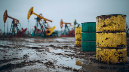 Silhouettes of weathered drums and towering extraction units cast shadows over a damp terrain beneath a bleak, clouded sky, symbolizing resource harvesting and energの写真素材