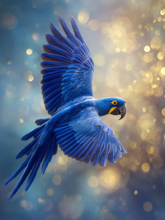 A stunning blue macaw glides effortlessly against a backdrop of luminous bokeh, where gentle golden and blue tones evoke an enchanting, dreamlike setting.の写真素材