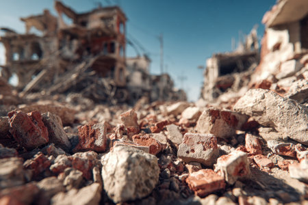 Fragmented bricks and debris litter the ground, with shattered structures fading into the distance beneath a bright, cloudless sky, capturing urban decay and desolatの写真素材