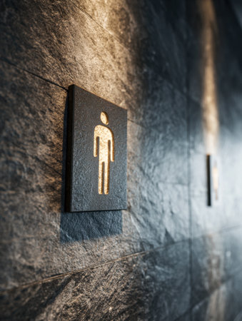 A glowing restroom icon contrasts against rough stone walls in a minimalist corridor, bathed in gentle lighting, evoking sophistication and modern elegance.の写真素材