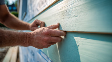 A skilled worker's hands delicately position pastel-blue timber panels onto an exterior wall, capturing the precision and craftsmanship involved in home revitalizatiの写真素材