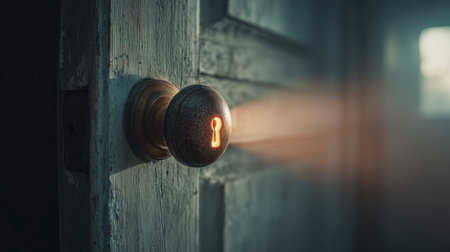 An aged brass handle with a luminous keyhole casts radiant beams into shadows, hinting at secrets waiting beyond the weathered wooden entrance.の写真素材