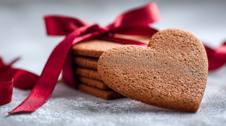 A charming arrangement of heart-shaped gingerbread cookies delicately wrapped with a vibrant red ribbon, nestled on a rustic textured surface evoking warmth and holiの写真素材