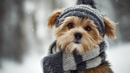 A tiny, charming canine cozily bundled in a cozy hat and colorful scarf, gazing peacefully amid soft snowflakes in a tranquil winter scene.の写真素材