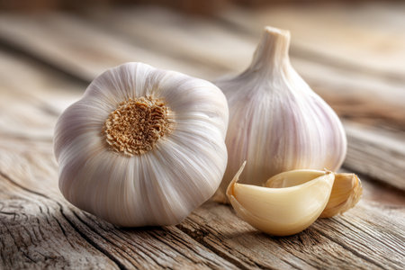 A pair of unbroken garlic heads alongside peeled cloves displayed on a textured, aged wooden backdrop, highlighting rustic charm and fresh culinary essentials.の写真素材