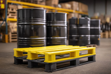 Heavy-duty black steel containers are organized within an industrial storage space, complemented by vibrant yellow and black pallets resting on the bare concrete surの写真素材