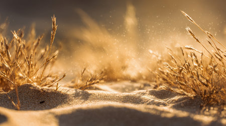 Sunlit amber grasses ripple softly across smooth sandy ground, evoking tranquility and warmth in a peaceful late summer or autumn setting.の写真素材
