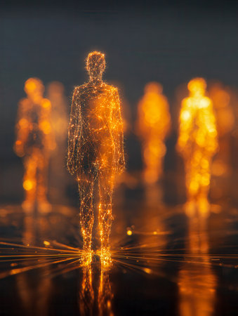 Bright, luminous human silhouettes composed of radiant golden points and connecting lines emerge from darkness, symbolizing advanced digital connectivity and innovationの写真素材