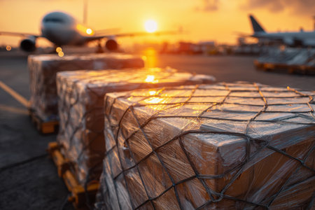 Sunset bathes the busy airport apron in warm light as cargo pallets with protective netting await transfer, with aircraft ready in the distance for handling.の写真素材