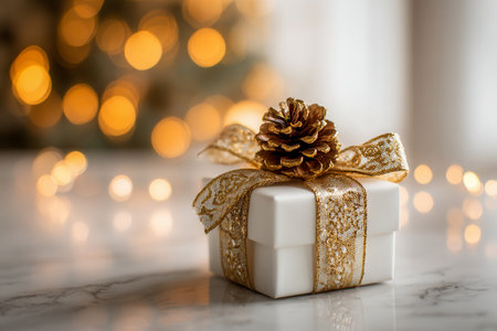 A refined white gift box, shimmering with a radiant gold ribbon and adorned with a cozy pine cone, sits atop a marble surface amid cozy holiday glow.の写真素材